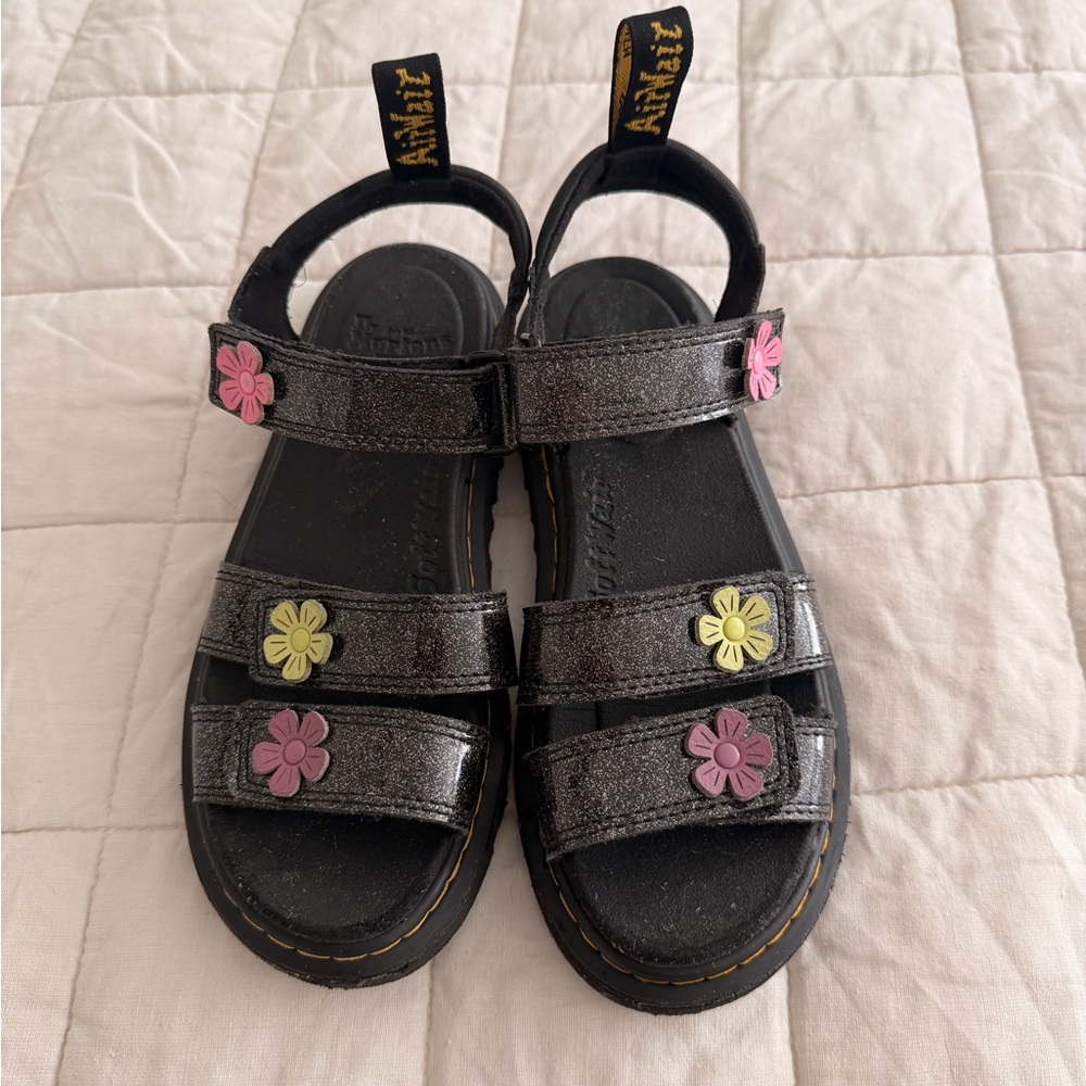Dr. Martens Kids Black Glitter Sandals with Pink & Yellow Flower Accents